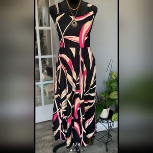 Ann Taylor Black Maxi Dress with Pink & Cream Leaf Print